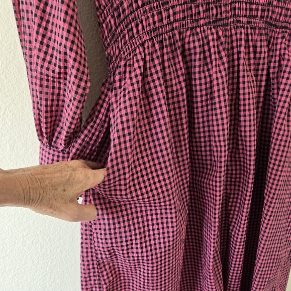 GANNI Carmine Rose Seersucker Check Gingham V Neck Gathered Midi Dress Small /36 - Picture 11 of 16